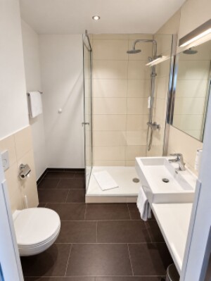 Modernes Badezimmer mit Dusche, Regendusche, Waschbecken und WC im HOMEY MicroApartment in Pentling bei Regensburg