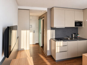 Moderne, platzsparende Kitchenette im MicroApartment mit Kochfeld, Spüle, Mikrowelle und hellen Einbauschränken.